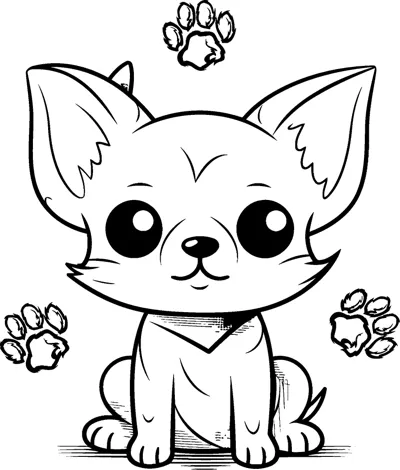 A small puppy with big pointed ears sits surrounded by paw prints above a name line.