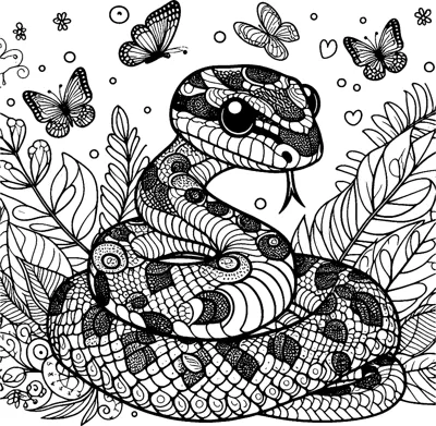 A patterned snake coils among large leaves while butterflies and hearts float above it.