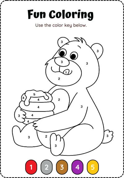 A bear sits hugging a honey pot with numbered areas and a five-colour key below.