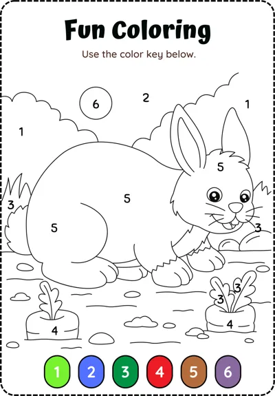 A bunny sits among carrots and clouds with numbered areas and a six-colour key below.