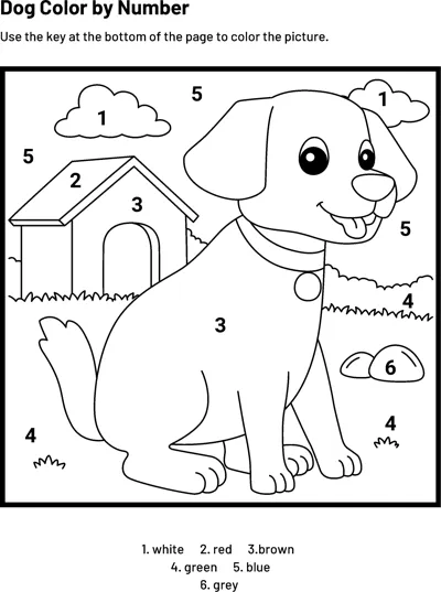 A dog sits next to a kennel with numbered areas and a six-colour key listed below.