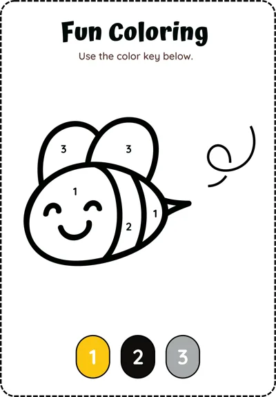 A round smiling bee with numbered stripes and wings sits above a three-colour key.