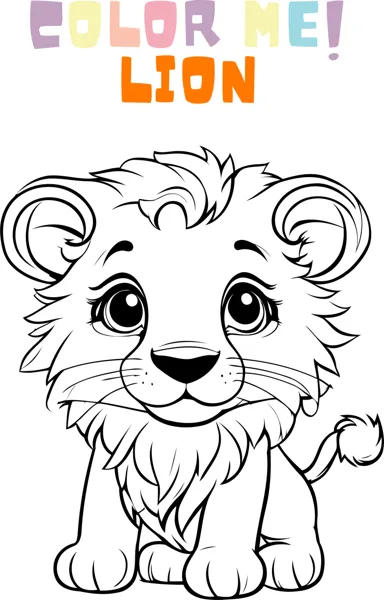 A lion cub with huge eyes and a fluffy mane sits facing forward under the heading Color Me Lion.