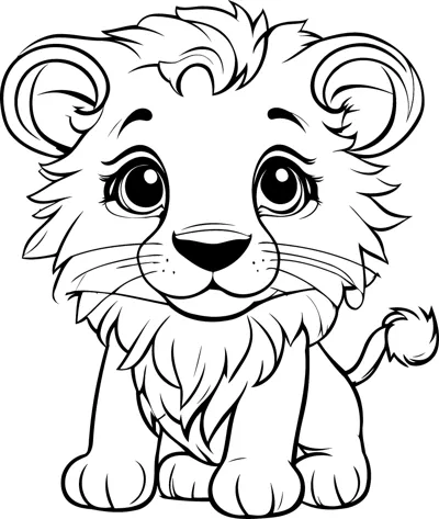A lion cub with huge eyes and a fluffy mane sits facing forward under the heading Color Me Lion.