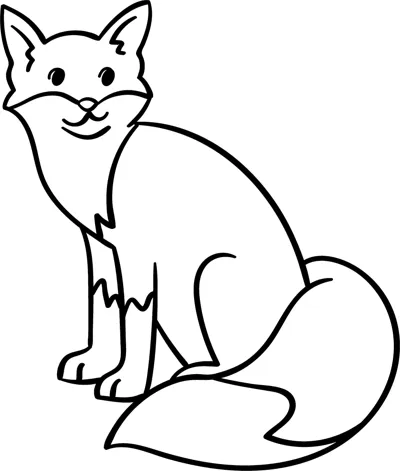 A fox with pointed ears sits with its bushy tail curled forward under the heading Color Me Fox.
