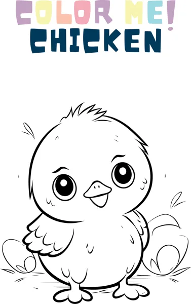 A fluffy chick with big eyes stands facing forward under the heading Color Me Chicken.