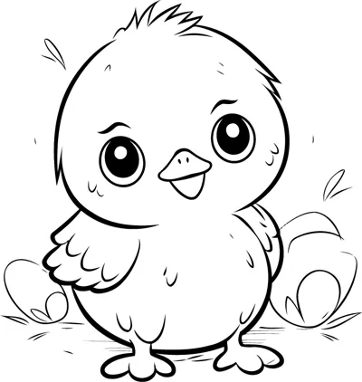 A fluffy chick with big eyes stands facing forward under the heading Color Me Chicken.