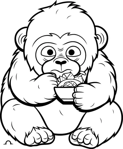 A gorilla sits holding a bowl of food to its mouth under the heading Color Me Gorilla.