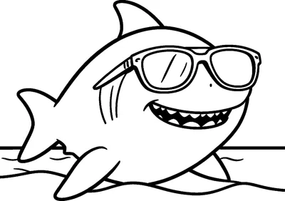 A smiling shark wearing large sunglasses lies on a beach with the sea line behind it.