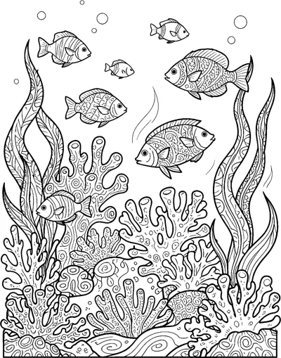 Patterned fish swim above branching coral and rocks, with tall seaweed on both sides and bubbles rising.