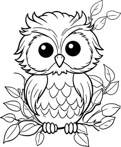 An owl with a feathered crest and scalloped belly sits on a branch with leaves around it.