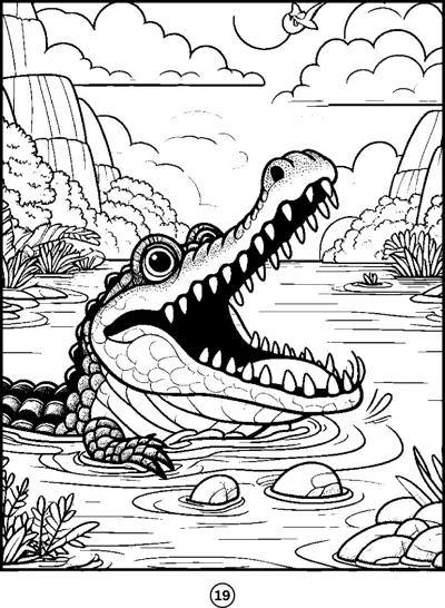 A crocodile opens its toothy jaws while swimming in a river with a waterfall behind.