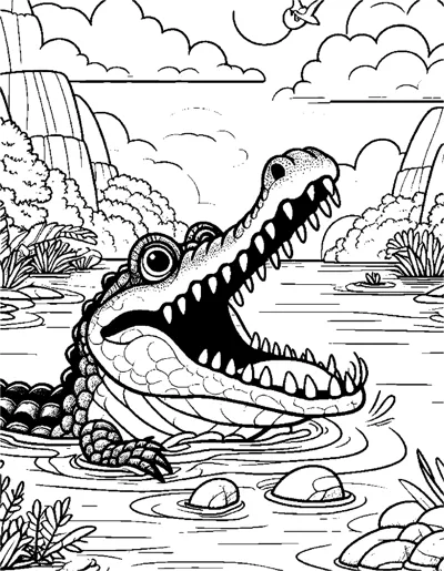 A crocodile opens its toothy jaws while swimming in a river with a waterfall behind.