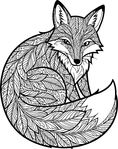 A fox curled into a circle with its head raised, its body and tail filled with leaf patterns.