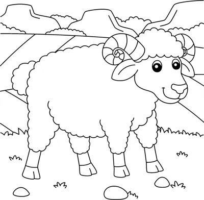 A woolly ram with curled horns stands in a field with hills and clouds behind.