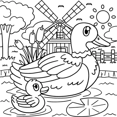 A duck and a duckling swim on a pond with a windmill, reeds and lily pads behind.