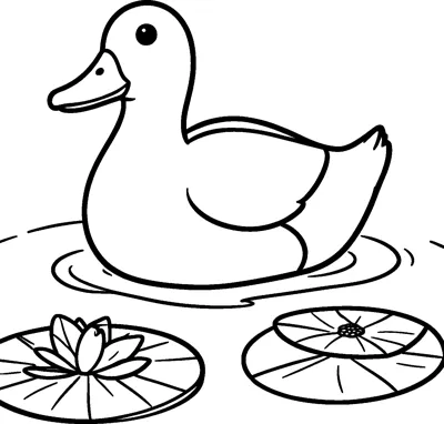 A duck floats on a calm pond with water ripples around it and lily pads with a water lily blooming nearby.