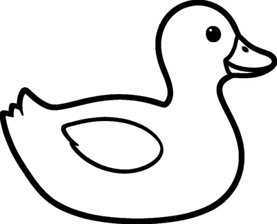 A simple duck shown from the side, floating calmly with a rounded body, small wing, tail feathers and flat beak.