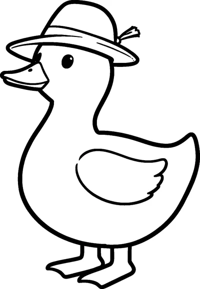 A friendly duck stands on webbed feet wearing a straw hat with a band and a small feather on the side.
