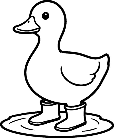 A cheerful duck stands in a round puddle wearing a pair of rain boots, with ripples drawn in the water.