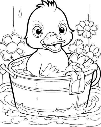 A duckling sits in a wooden tub of water with a towel on the rim and flowers behind it.
