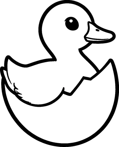 A baby duckling pops out of a large cracked eggshell with its wing spread and its beak turned to the side.