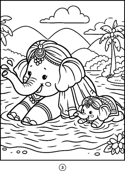 A decorated elephant and its calf splash in a river with palm trees and mountains behind.