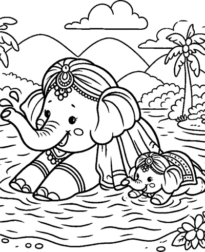 A decorated elephant and its calf splash in a river with palm trees and mountains behind.
