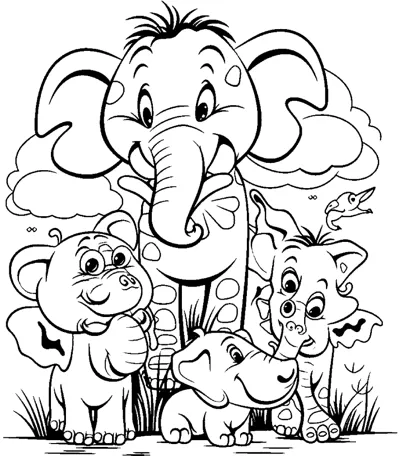 A smiling elephant stands behind a hippo, a rhino and a lion cub in a jungle scene with clouds above.