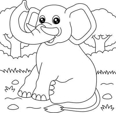 A cartoon elephant with big ears sits on the grass with trees and bushes behind it.