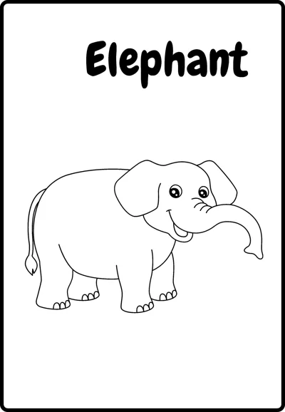 An elephant with big ears walks sideways with its trunk lowered under the word Elephant.