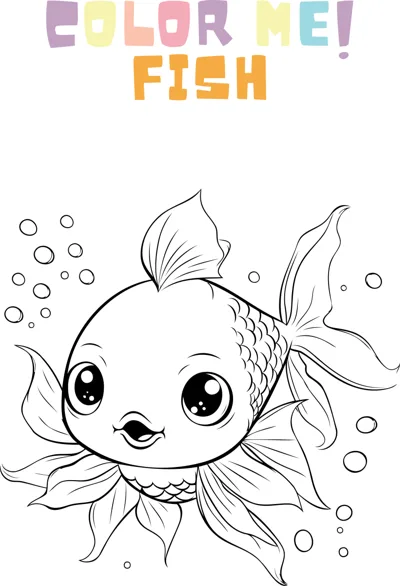 A big-eyed goldfish with flowing fins swims among bubbles under a Color Me Fish heading.