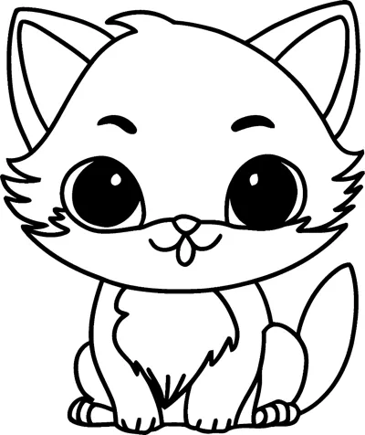 A fluffy kitten with very large eyes and pointed ears sits facing forward.