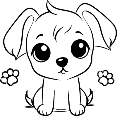A fluffy puppy with big eyes sits on grass tufts with paw prints and a name line below.