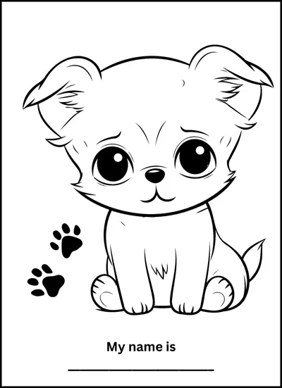 A fluffy puppy with huge round eyes sits beside paw prints above a name line.
