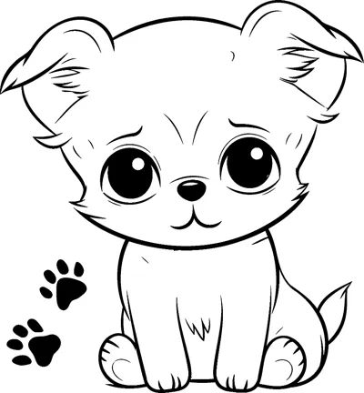 A fluffy puppy with huge round eyes sits beside paw prints above a name line.