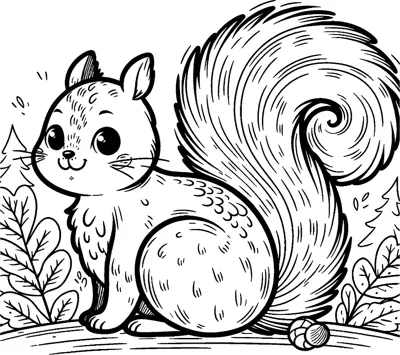 A fluffy squirrel with a huge curled tail sits beside an acorn among leaves.