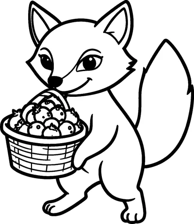 A smiling fox walks on its back legs while holding a woven basket piled high with round berries.