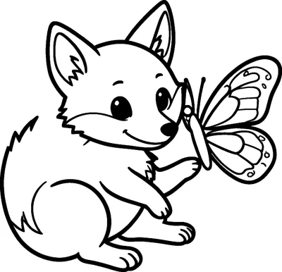 A cheerful fox cub sits on the ground and lifts one paw towards a butterfly with patterned wings.