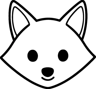 A simple fox face with tall pointy ears, two round eyes, a small nose and a gentle smile in thick outlines.