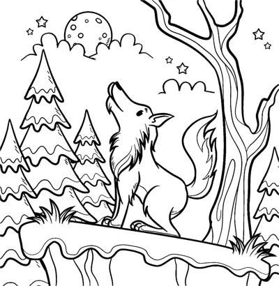 A fox stands on a cliff edge looking up at the moon with pine trees and a bare tree.
