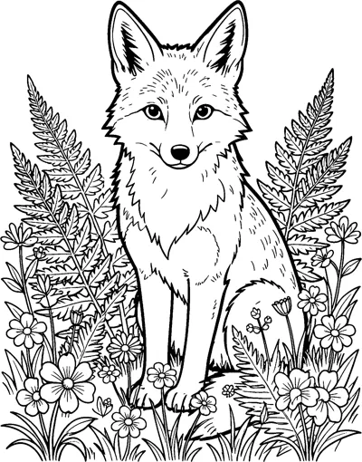 A realistic fox sits upright in a meadow surrounded by tall ferns, leafy stems and open wildflowers.