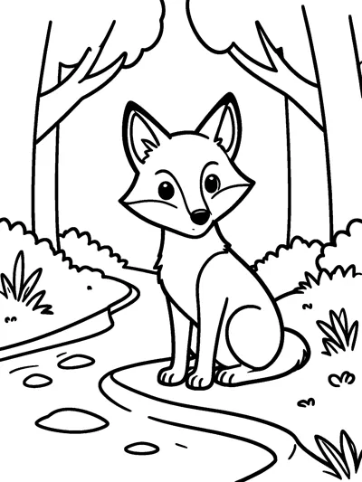 A fox sits on a grassy bank beside a winding forest stream with tall trees, leafy bushes and smooth stepping stones.