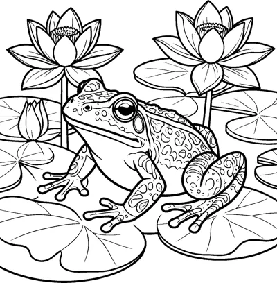 A detailed spotted frog sits on lily pads in a pond with tall lotus flowers and buds rising behind it.