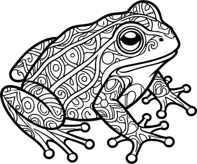 A side view of a frog whose whole body is filled with zentangle swirls, circles and teardrop patterns, with long webbed toes.