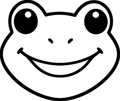 A large cartoon frog face with two round bulging eyes, small nostrils and a wide happy grin across its head.