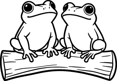 Two smiling frogs sit side by side on a fallen log, each with big eyes and webbed feet gripping the bark.