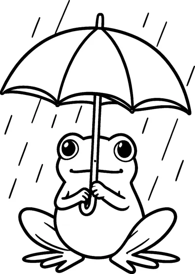A smiling frog sits with its legs folded and holds an open umbrella above its head while rain falls all around.