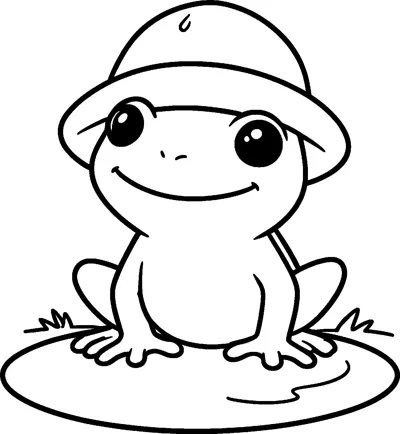 A smiling frog wearing a round rain hat sits on the edge of a puddle with tufts of grass beside it.
