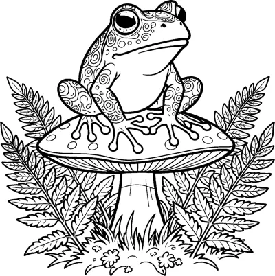 A detailed frog with swirl-patterned skin sits on top of a spotted toadstool, surrounded by feathery ferns and small flowers.